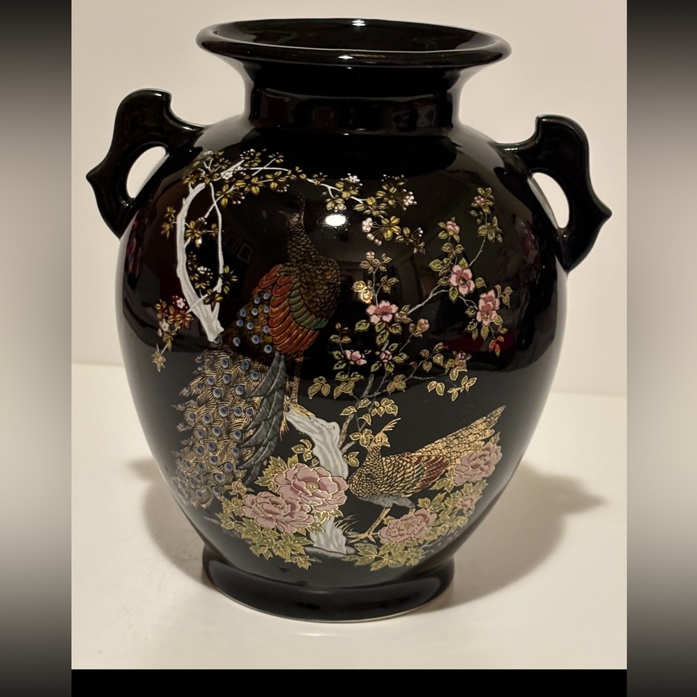 1990's Japanese Made Vase, Black w/ Metallic Gold Coloring,
